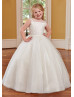 Beaded Ivory Lace Glitter Tulle Illusion Back Flower Girl Dress